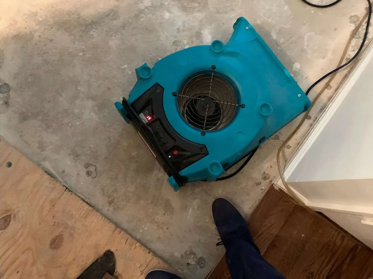 Air mover drying subfloor during Leak Detection & Repair in South Haven
